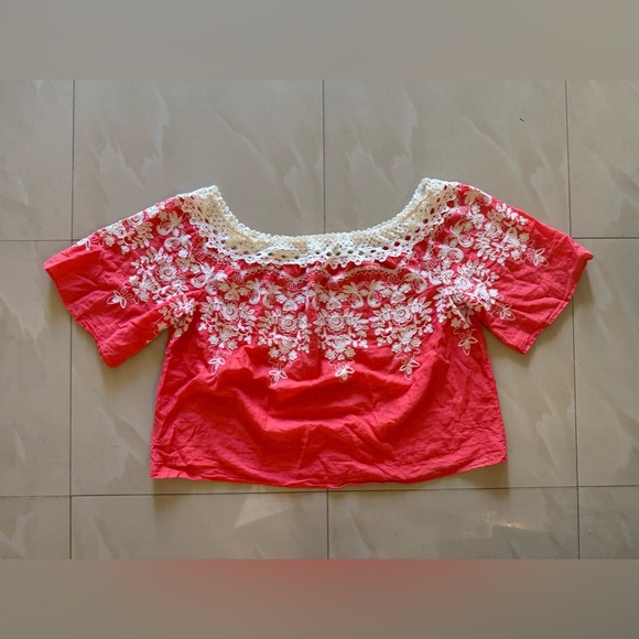 Flying Tomato Summer Tropical floral crochet orange White top plus Size 2X - Picture 11 of 16